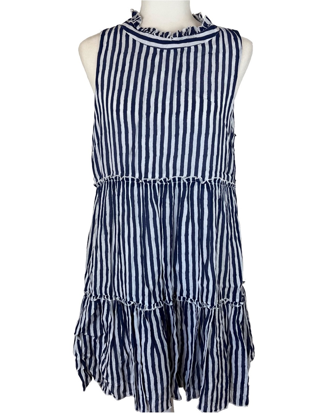 Oliphant Silk & Cotton Midi Dress Blue/White Stripe High Ruffle Neck Size Large